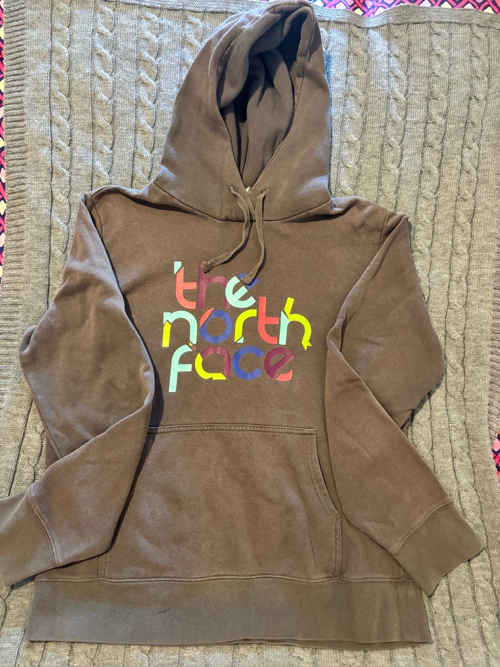 The North Face Brown Pullover Hoodie Colorful Abstract Graphic Logo Womens L/G